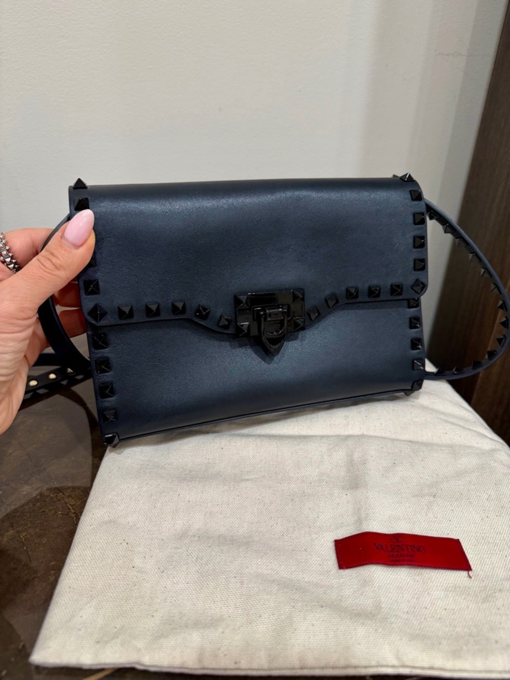 Valentino Navy Blue Rockstud Leather Crossbody